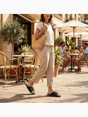 OZABI Sandales Mule Boucle Ronde Nubuck Noir Beige