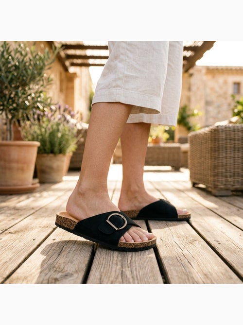 OZABI Sandales Mule Boucle Ronde Nubuck Noir Beige - Kiabi