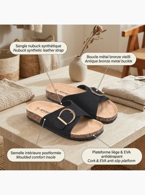 OZABI Sandales Mule Boucle Ronde Nubuck Noir Beige - Kiabi