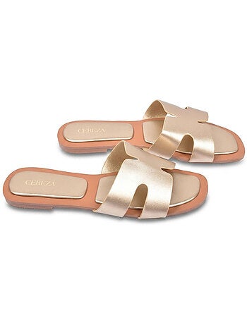 OZABI Sandales Slide H-Strap Cuir Synthétique Or Noir