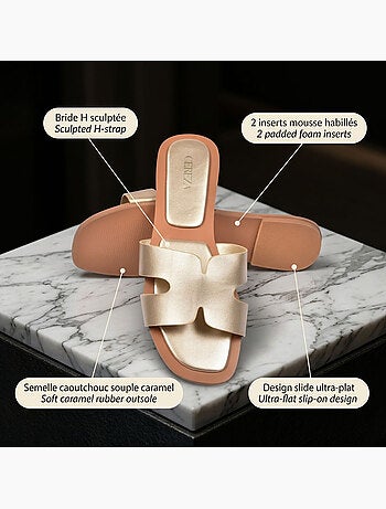 OZABI Sandales Slide H-Strap Cuir Synthétique Or Noir