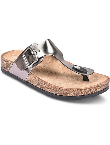 OZABI Sandales Tong Boucle Nubuck Métal Camel Argent Bronze