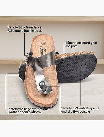 OZABI Sandales Tong Boucle Nubuck Métal Camel Argent Bronze