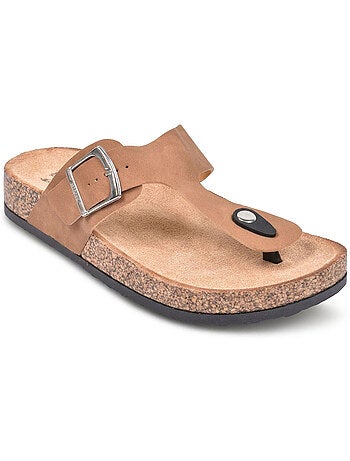 OZABI Sandales Tong Boucle Nubuck Métal Camel Argent Bronze