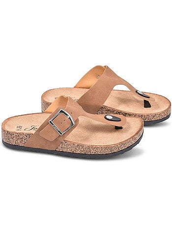 OZABI Sandales Tong Boucle Nubuck Métal Camel Argent Bronze