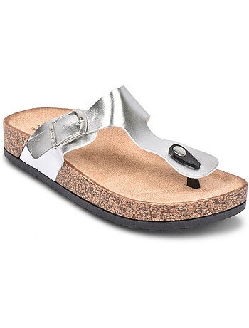 OZABI Sandales Tong Boucle Nubuck Métal Camel Argent Bronze