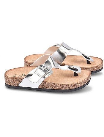 OZABI Sandales Tong Boucle Nubuck Métal Camel Argent Bronze