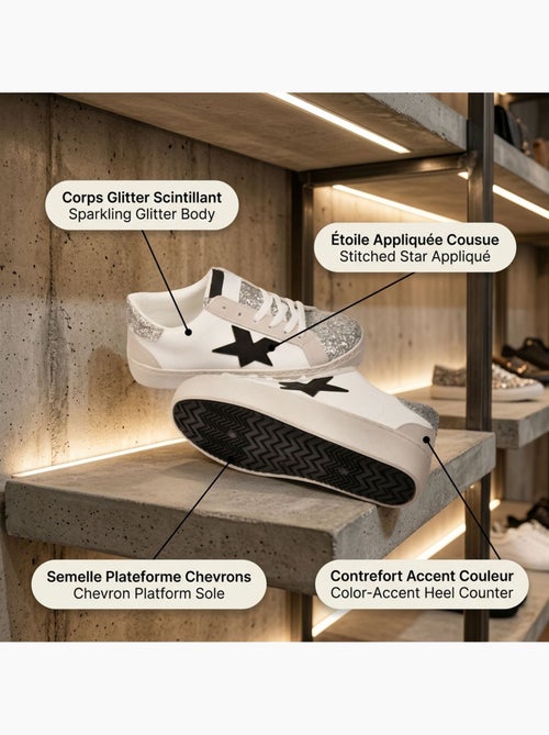 OZABI Sneakers Glitter Étoile Femme Plateforme Argent Or - Kiabi OZABI Sneakers Glitter Étoile Femme Plateforme Argent Or - Kiabi