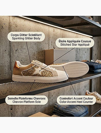 OZABI Sneakers Glitter Étoile Femme Plateforme Argent Or