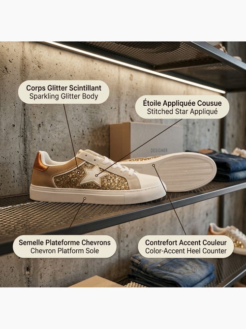 OZABI Sneakers Glitter Étoile Femme Plateforme Argent Or - Kiabi OZABI Sneakers Glitter Étoile Femme Plateforme Argent Or - Kiabi