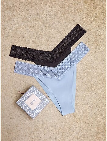 Pack 2 Culottes Brésiliennes avec Dentelle en Bleu Ciel et Noir