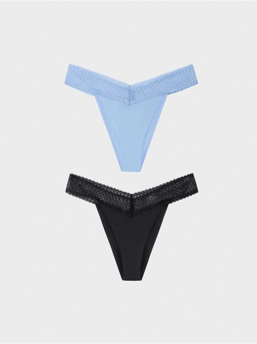 Pack 2 Culottes Brésiliennes avec Dentelle en Bleu Ciel et Noir - Kiabi