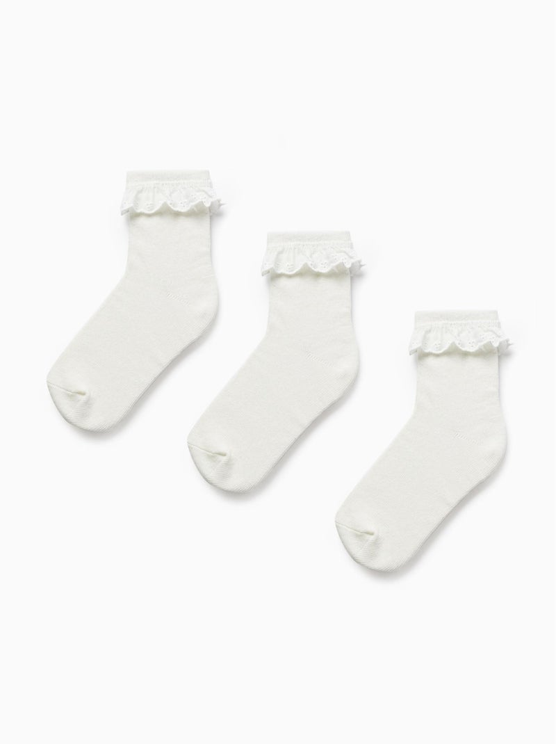 Pack 3 Paires de Chaussettes avec Broderie Anglaise pour Fille  ESSENTIALS LINE Blanc - Kiabi