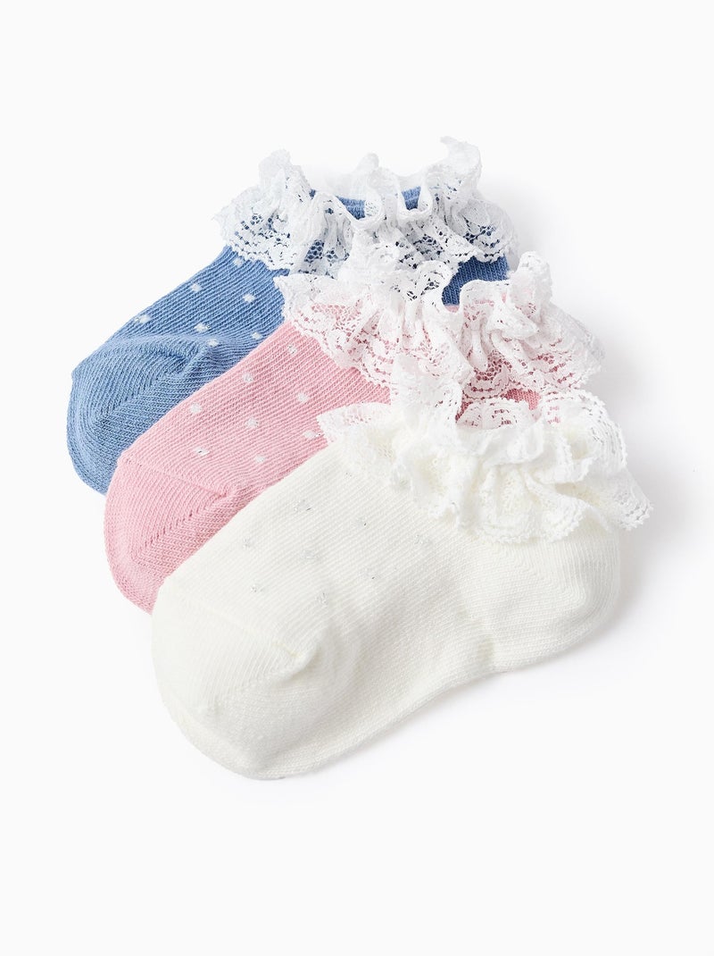 Pack 3 Socquettes avec Lurex et Dentelle Bleu Rose Blanc - Kiabi