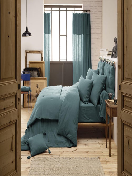 Pack 4 Pièces 1 Housse de couette  + 2 Taies 60x60  + 1 Drap housse 160x200 - Bleu canard - Kiabi