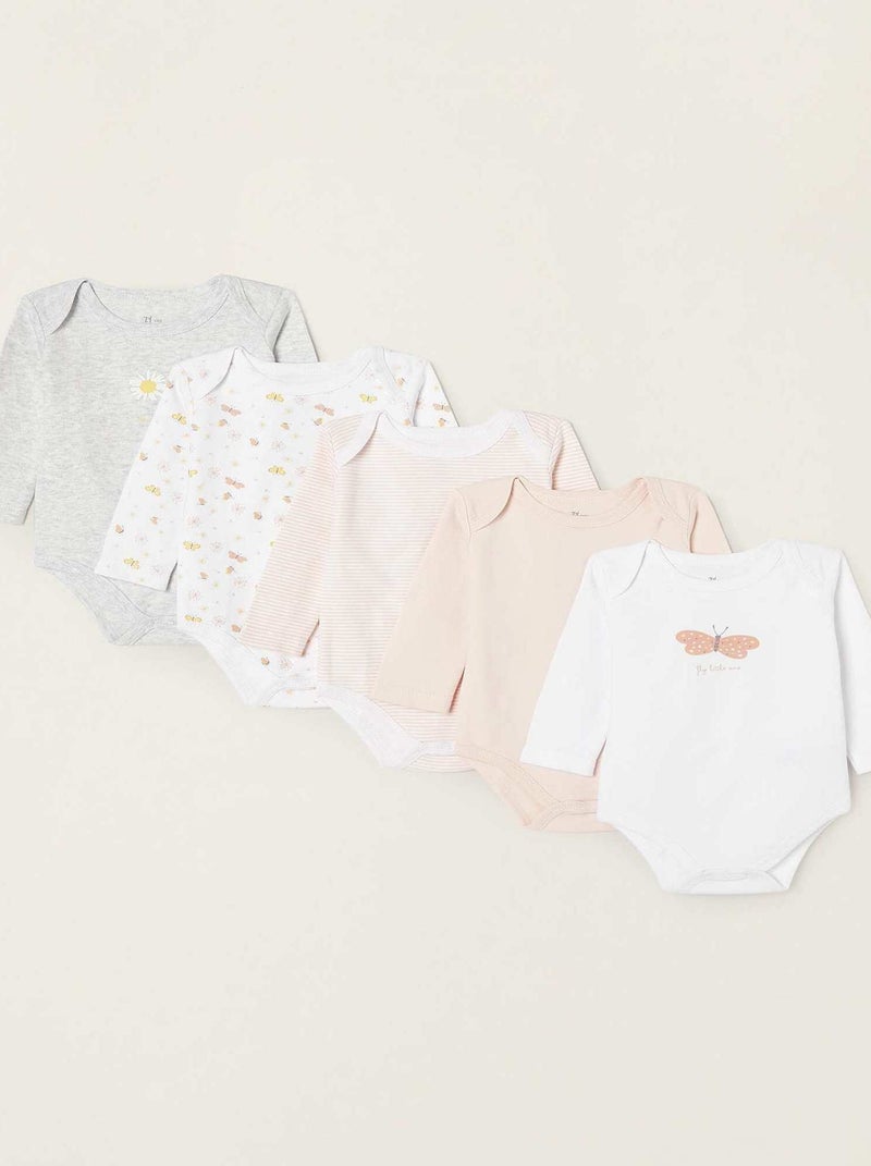 Pack 5 Bodies en coton pour nouveau-né et bébé 'Fleurs & Papillons' manches longues  ESSENTIALS LINE Multicolore - Kiabi
