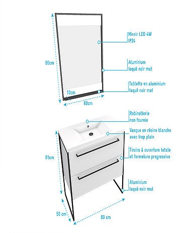Pack caisson vasque et miroir à led