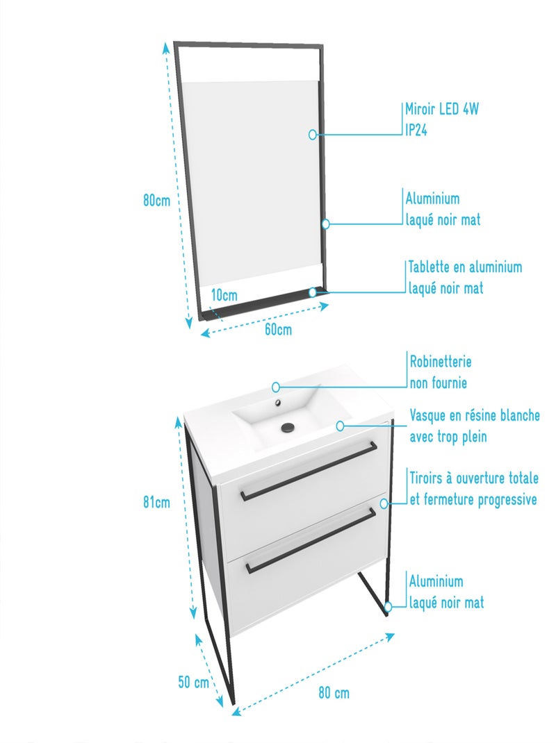 Pack caisson vasque et miroir à led Blanc - Kiabi