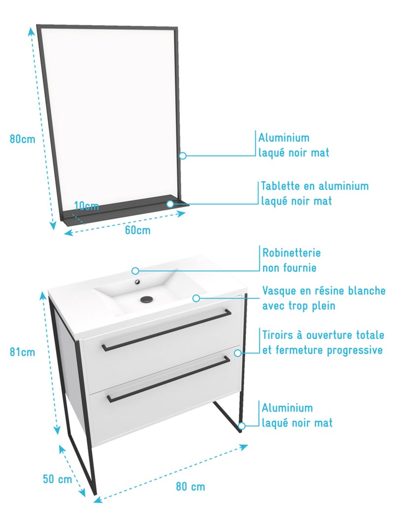 Pack caisson vasque et miroir simple Blanc - Kiabi