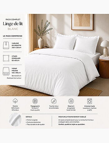 Pack complet housse de couette percale 78 fils pour lit 140 x 190 cm