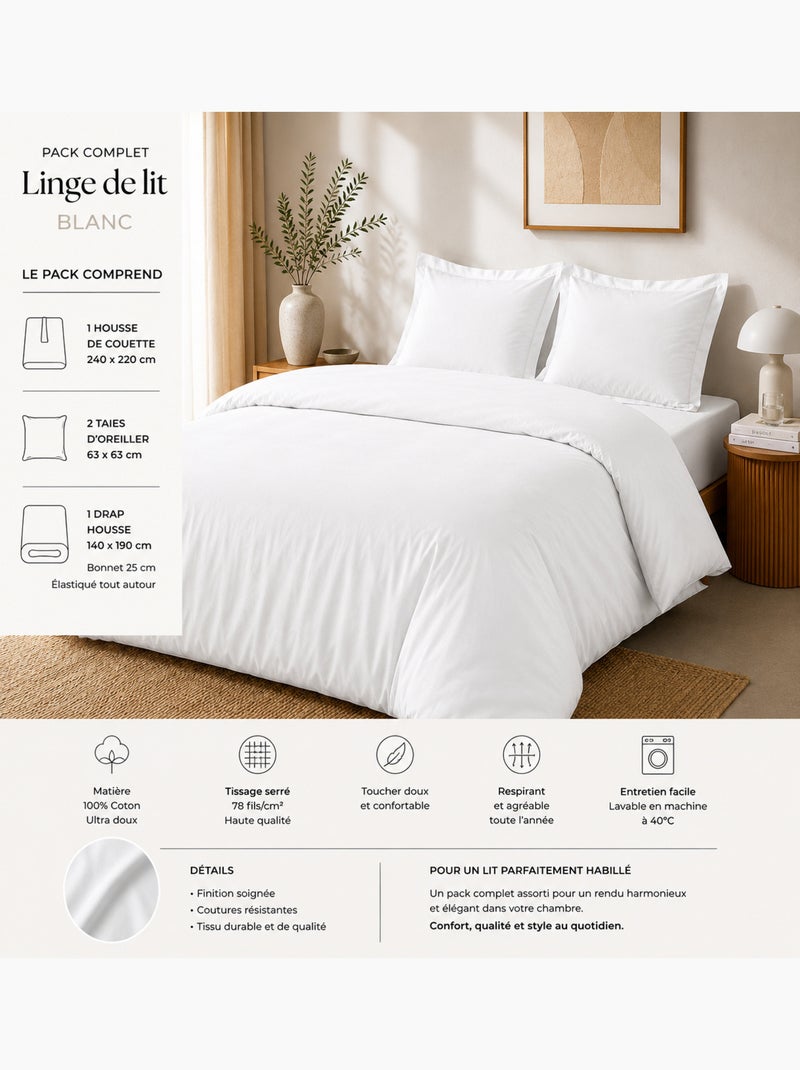 Pack complet housse de couette percale 78 fils pour lit 140 x 190 cm Blanc - Kiabi