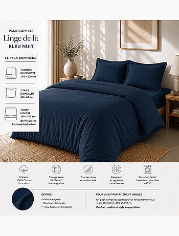 Pack complet housse de couette percale 78 fils pour lit 140 x 190 cm