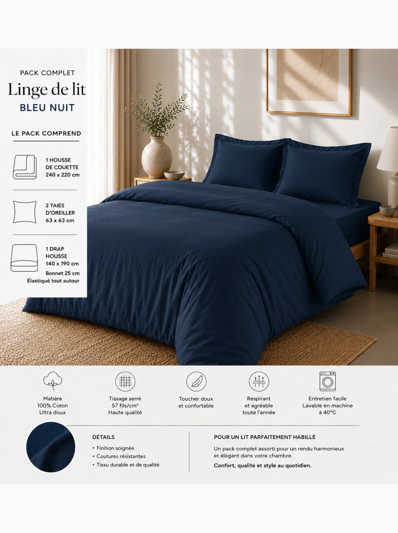 Pack complet housse de couette percale 78 fils pour lit 140 x 190 cm Bleu nuit - Kiabi