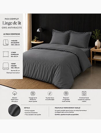 Pack complet housse de couette percale 78 fils pour lit 140 x 190 cm