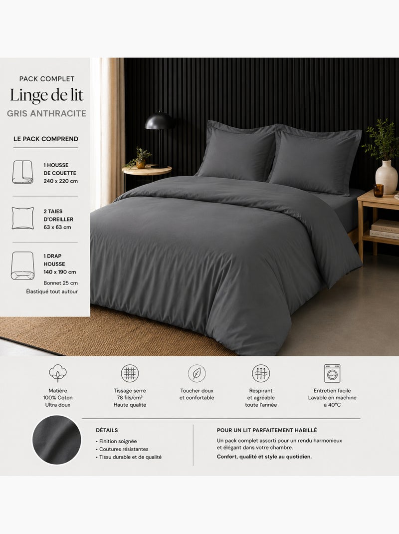 Pack complet housse de couette percale 78 fils pour lit 140 x 190 cm gris anthracite - Kiabi