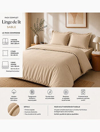Pack complet housse de couette percale 78 fils pour lit 140 x 190 cm