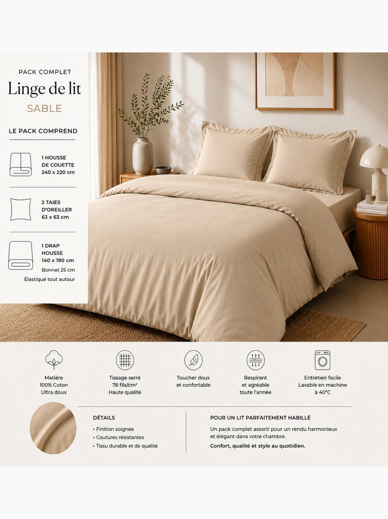 Pack complet housse de couette percale 78 fils pour lit 140 x 190 cm Sable - Kiabi