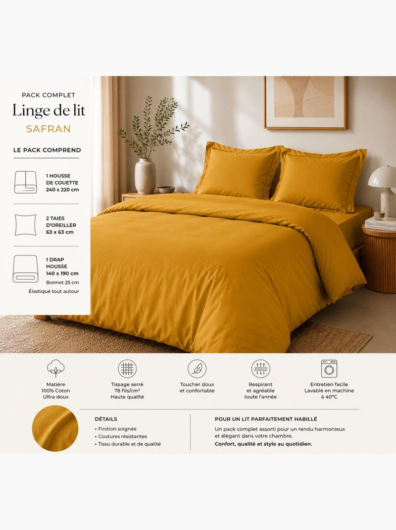 Pack complet housse de couette percale 78 fils pour lit 140 x 190 cm Safran - Kiabi