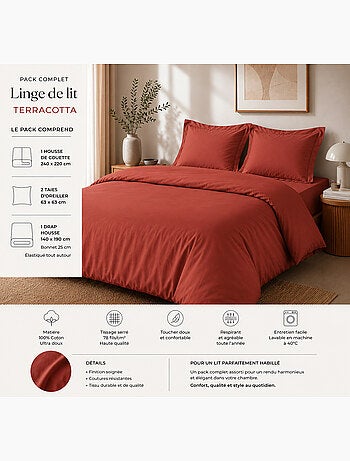 Pack complet housse de couette percale 78 fils pour lit 140 x 190 cm