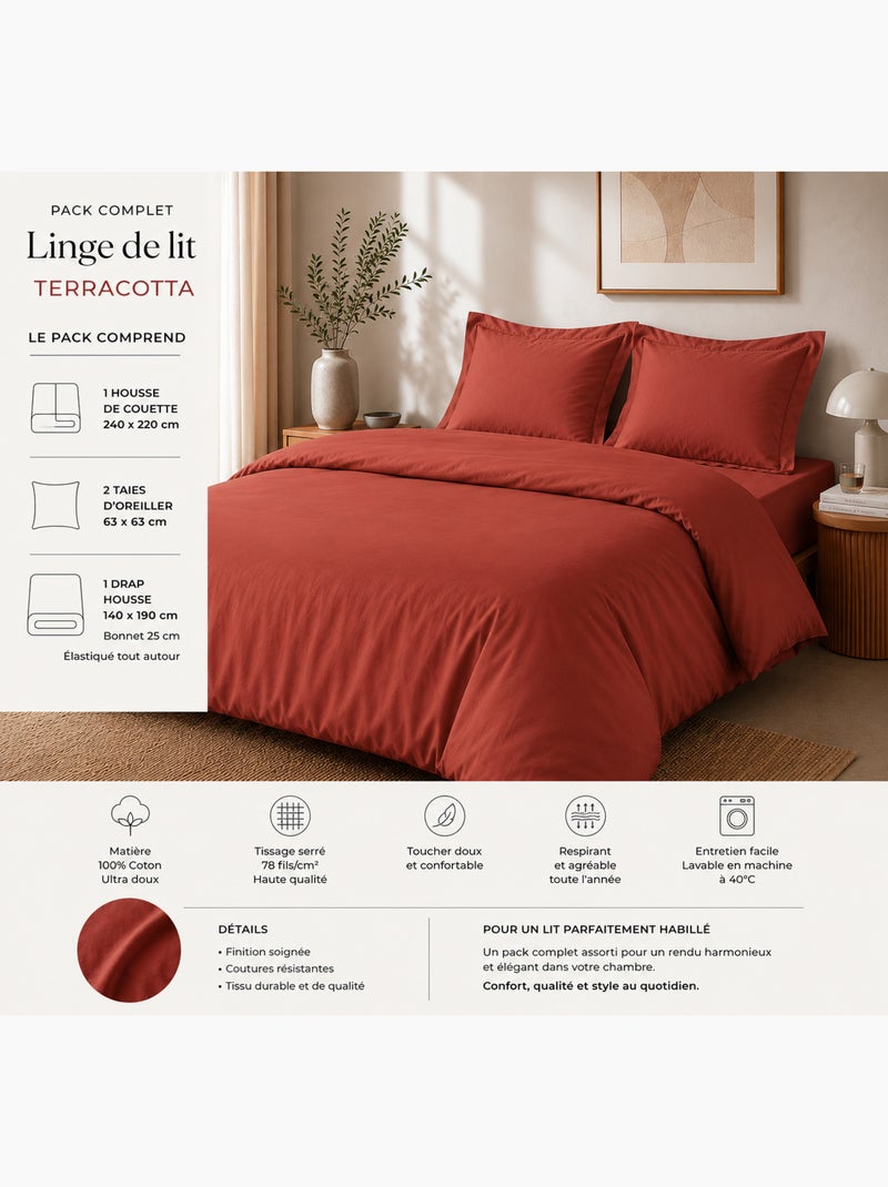 Pack complet housse de couette percale 78 fils pour lit 140 x 190 cm Terracotta - Kiabi