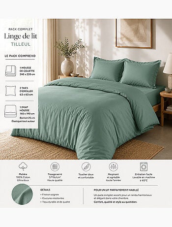 Pack complet housse de couette percale 78 fils pour lit 140 x 190 cm