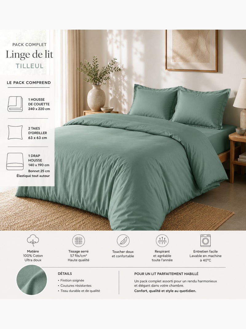 Pack complet housse de couette percale 78 fils pour lit 140 x 190 cm Vert tilleul - Kiabi