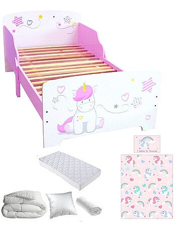 Pack complet Premium Lit enfant Licorne Lit+Matelas & Parure+Couette+Oreiller