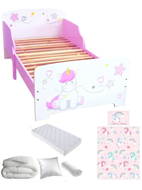 Pack complet Premium Lit enfant Licorne Lit+Matelas & Parure+Couette+Oreiller - Kiabi