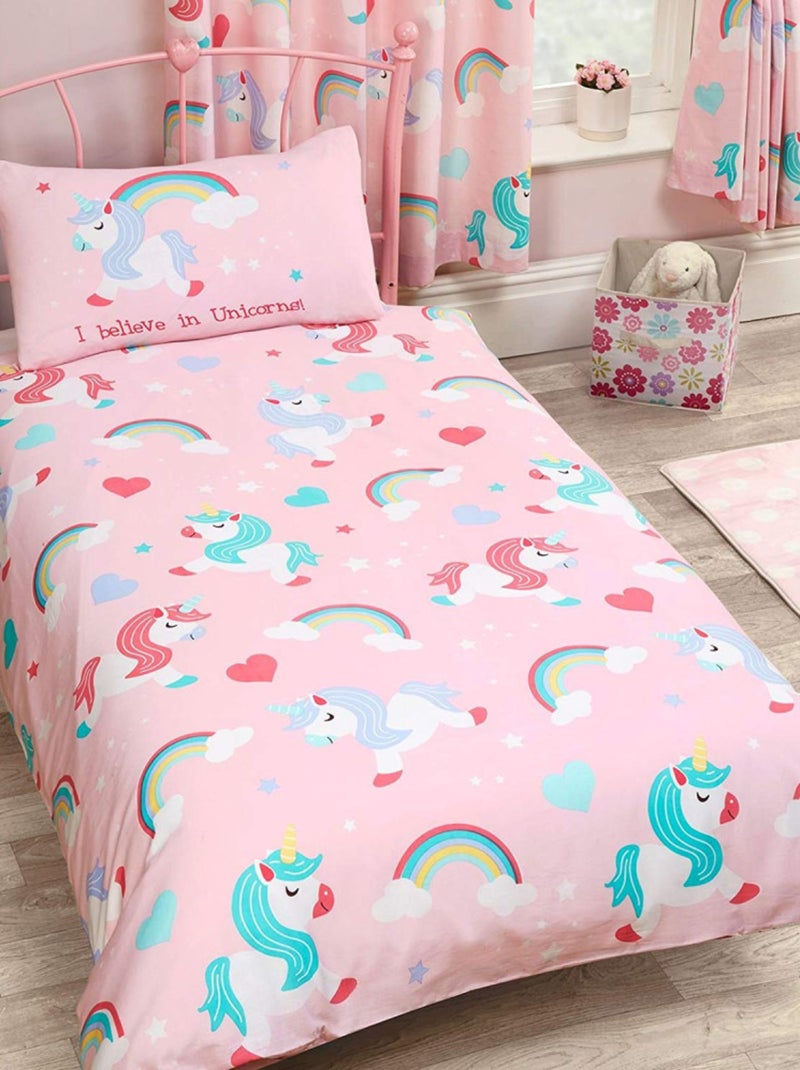 Pack complet Premium Lit enfant Licorne Lit+Matelas & Parure+Couette+Oreiller Rose - Kiabi