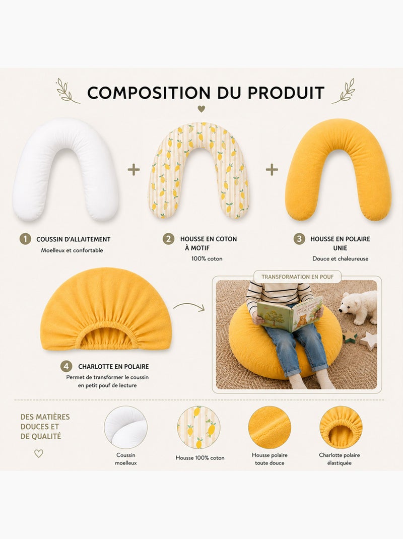 Pack Coussin de Maternit? XXL - 2 Housses + Charlotte - Id?al Grossesse et Allaitement Jaune - Kiabi