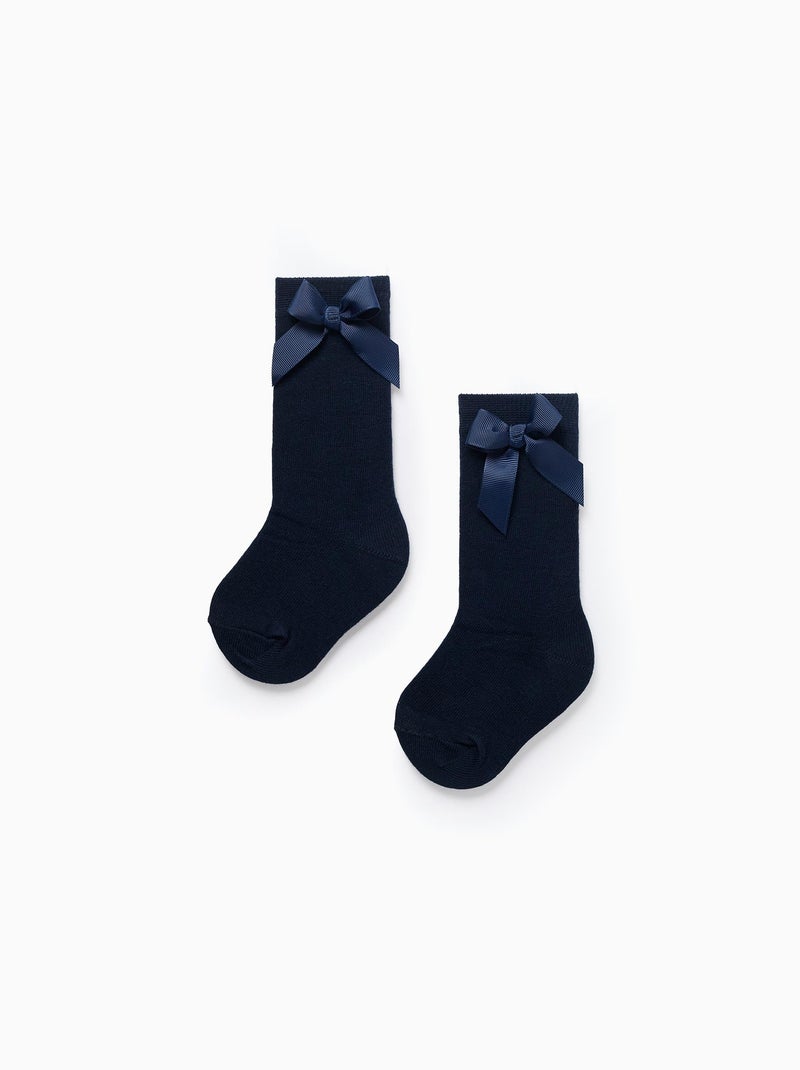 Pack de 2 paires de chaussettes hautes côtelées avec nœud Bleu foncé - Kiabi