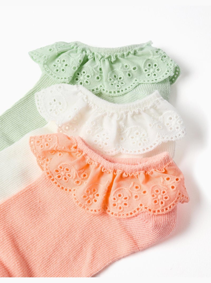 Pack de 3 paires de socquettes avec broderie anglaisee Rose/Blanc/Vert - Kiabi