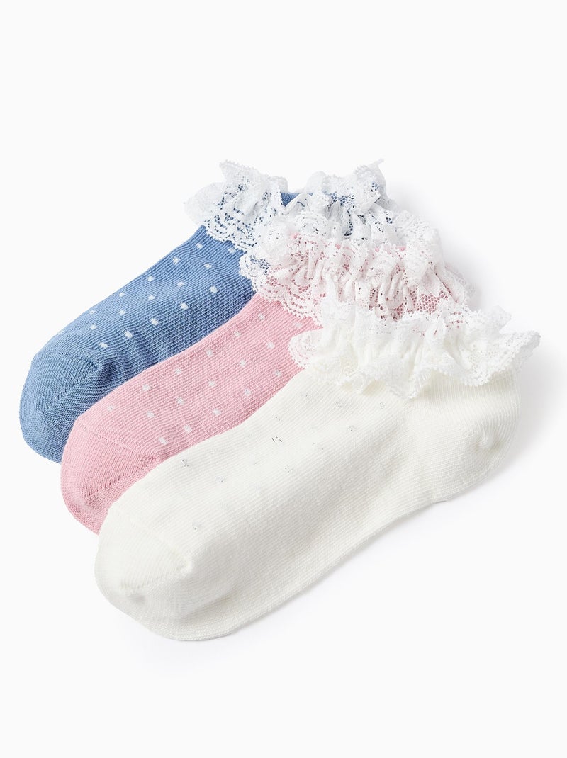 Pack de 3 Socquettes avec Lurex et Dentelle Blanc Rose Bleu - Kiabi