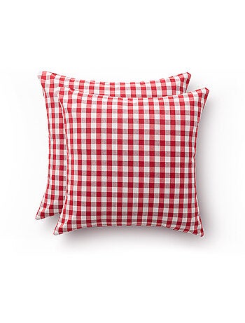 Pack de deux housses de coussin à carreaux vichy, en tissu imperméable.