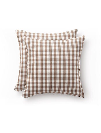 Pack de deux housses de coussin à carreaux vichy, en tissu imperméable.