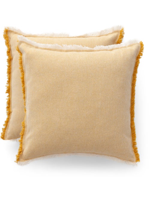 Pack de deux housses de coussin unies en tissu texturé en relief, avec franges -  Gamusi. - Kiabi