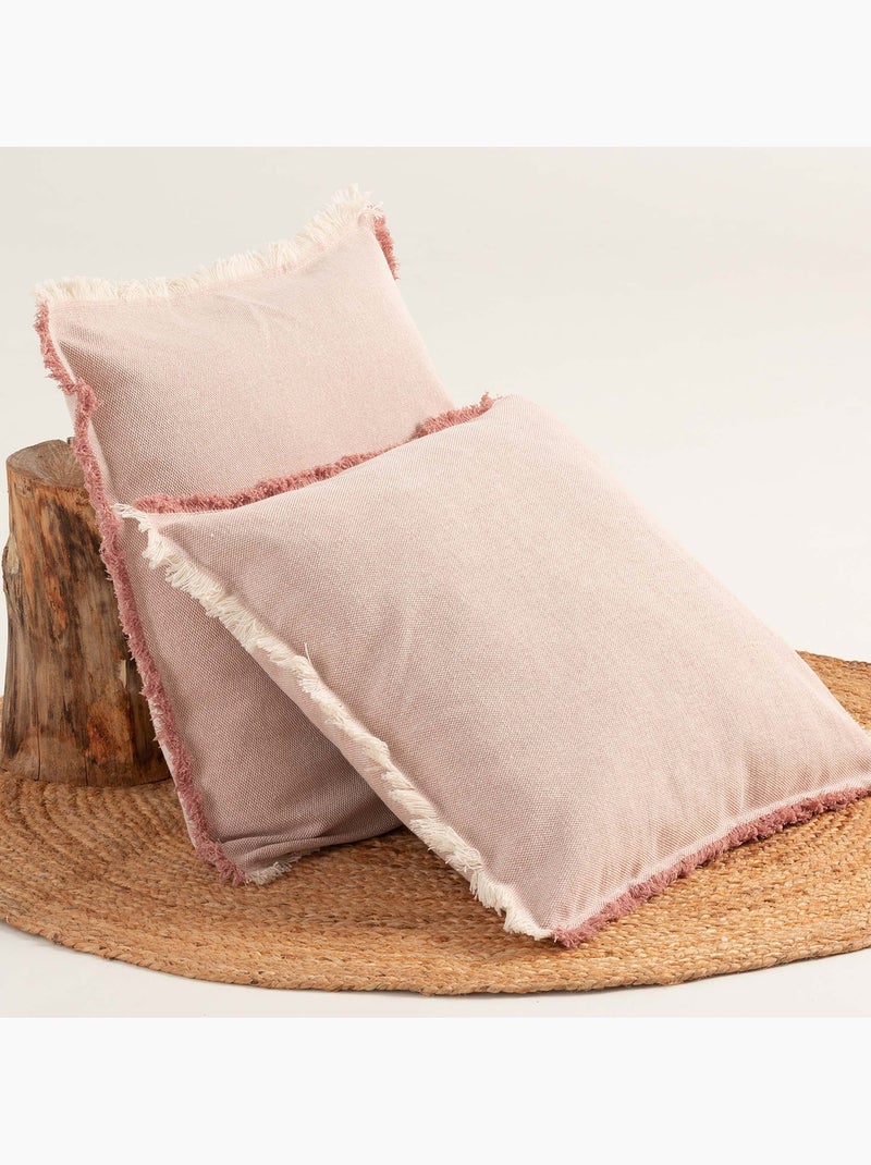 Pack de deux housses de coussin unies en tissu texturé en relief, avec franges -  Gamusi. Mauve - Kiabi