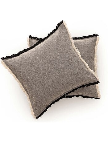 Pack de deux housses de coussin unies en tissu texturé en relief, avec franges - Gamusi.