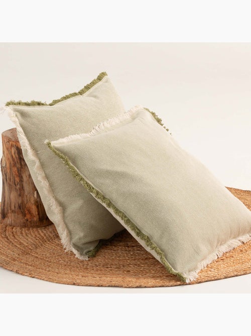 Pack de deux housses de coussin unies en tissu texturé en relief, avec franges -  Gamusi. - Kiabi