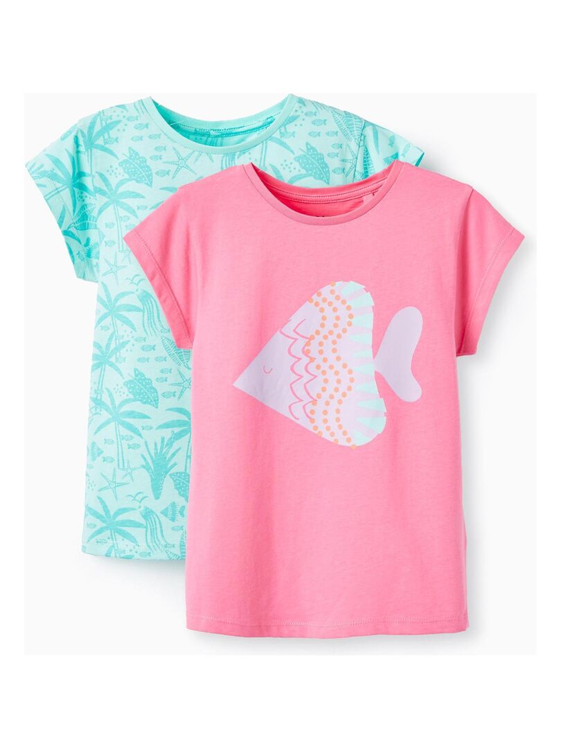 Lot de 3 tee-shirts fille fantaisie manches courtes bleu grisé